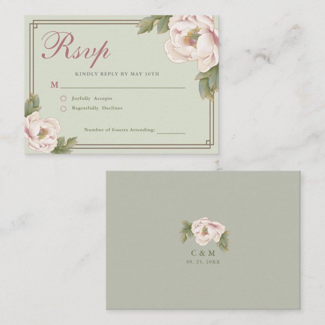 Cartão De Notas BUDGET Sage & Blush Peony Floral Weding RSVP (Frente/Verso)