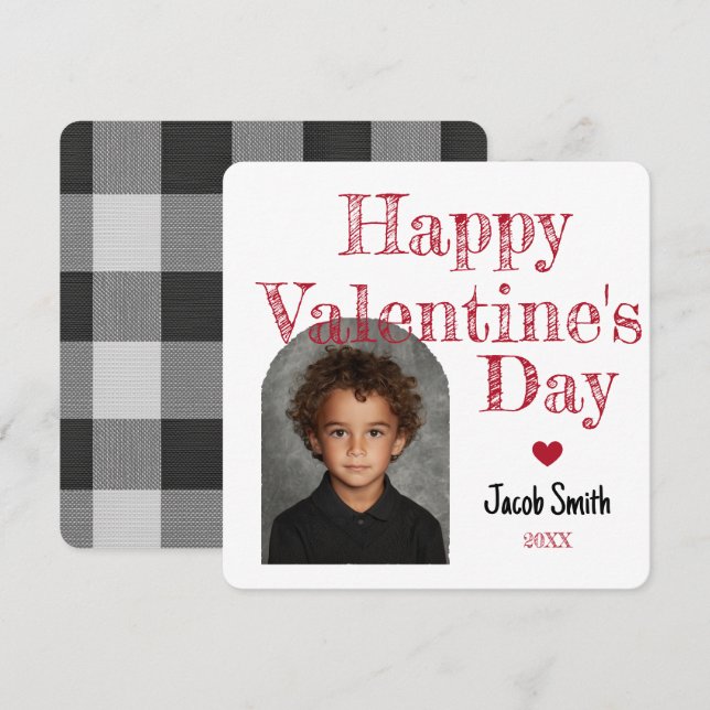 Cartão De Notas Buffalo Plaid Photo Valentine Kids Classroom (Frente/Verso)