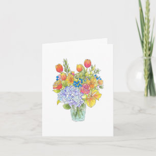 Cartão De Notas Buquê Floral Colorido em Aquarela e Caneta & Tinta