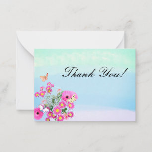 Cartão De Notas Buquê rosa e borboletas Obrigado