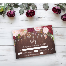 Cartão De Notas Burgundy Mason Jar Wood Budget Lights Flower RSVP