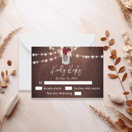 Cartão De Notas Burgundy Mason Jar Wood Budget Lights Flower RSVP