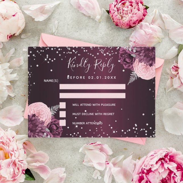 Cartão De Notas Burgundy prata floral de casamento com relva RSVP (Criador carregado)