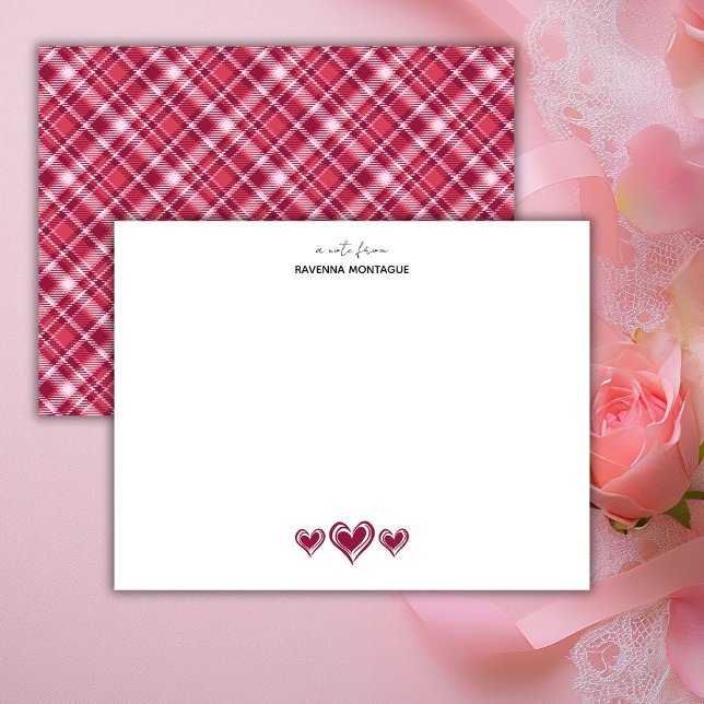 Cartão De Notas Burgundy Three Lace Hearts Retro Tartan Note Card (Criador carregado)