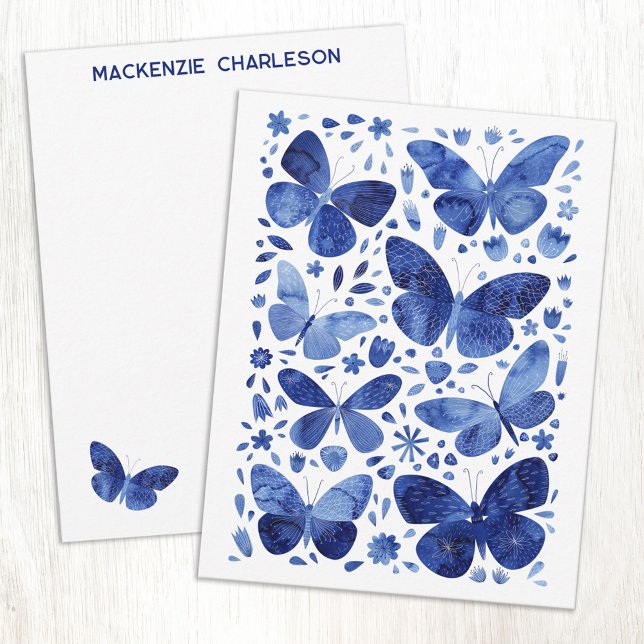 Cartão De Notas Butterfly Watercolor Blue Personalized (Watercolor butterfly pattern blue and white personalized custom name or text notecards)