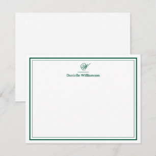 Cartão De Notas Caçador Elegante Verde Monograma Borda Dupla Branc
