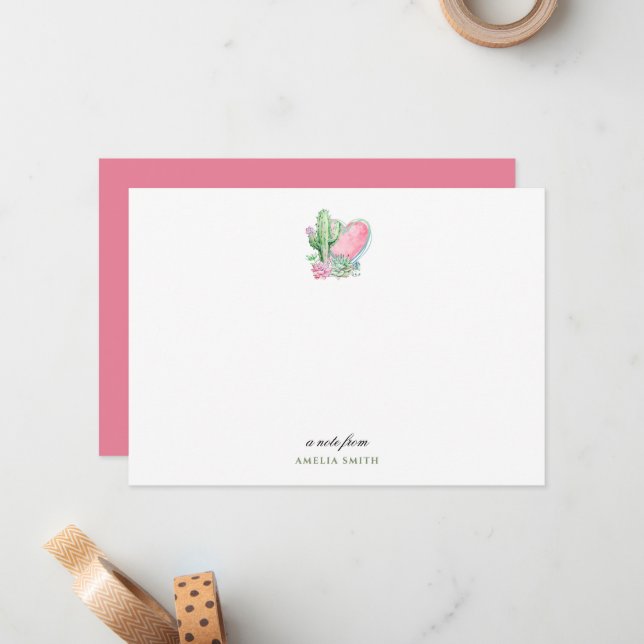 Cartão De Notas Cacto com Coração Rosa (Frente/Verso In Situ)