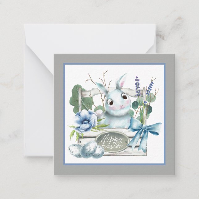 Cartão De Notas Caixa de Flores da Páscoa Coelho Azul Feliz (Frente)
