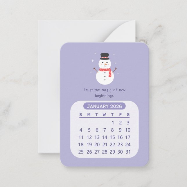 Cartão De Notas Calendário Mensal Kawaii Motivacional de Janeiro d (Frente)