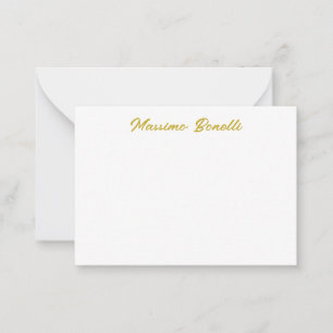 Cartão De Notas Caligrafia Elegante Dourado Branco Simples Nome