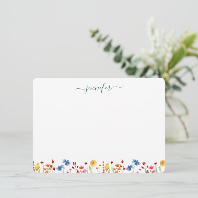 Cartão De Notas Campo de Flores Silvestres Personalizado em Script (Em pé/Frente)