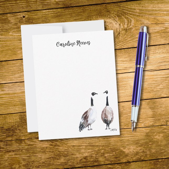 Cartão De Notas Canadá Ganha Casal Cura Aquarela Arte (This note card features chic script typography and my own watercolor art of two Canada geese.)