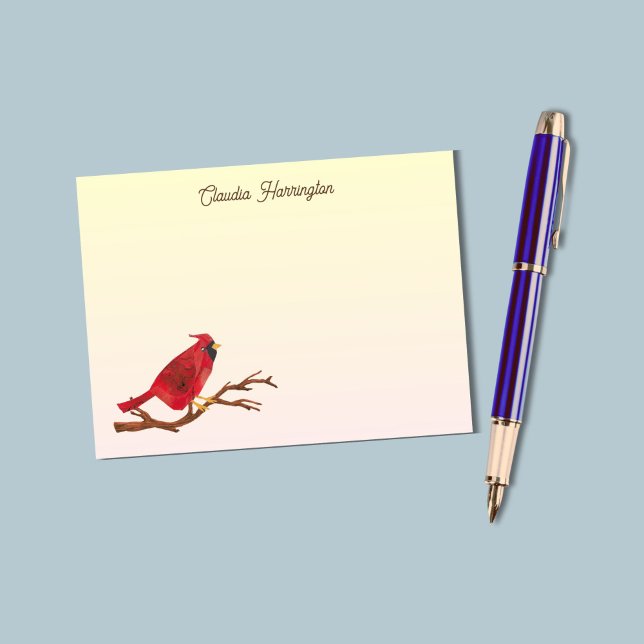 Cartão De Notas Cardinal Vermelho Retro Chic Ilustrado à Mão do No (On this cardinal note card, my original art of the beloved red bird appears against a soft gradient.)
