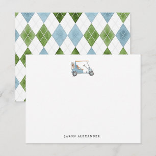 Cartão De Notas Carrinho de golfe azul aquarela Golfista 