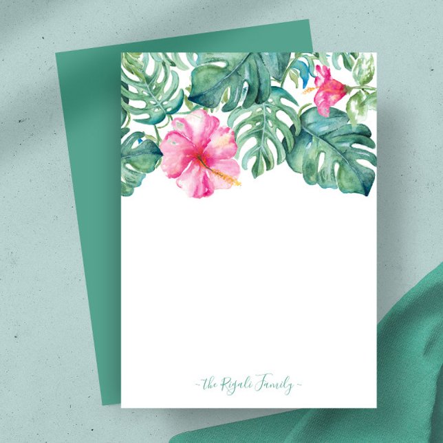 Cartão De Notas Carta Personalizada do Hibiscus Watercolor (Pink hibiscus flower and monstera palm leaves notecard watercolor art by Victoria Grigaliunas)