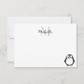 Cartão De Notas Cartoon de Pinguim Fofo com Monograma Personalizad