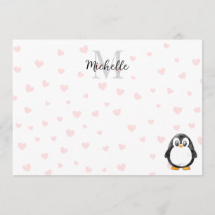 Cartão De Notas Cartoon de Pinguim Fofo Corações Vermelhos Monogra