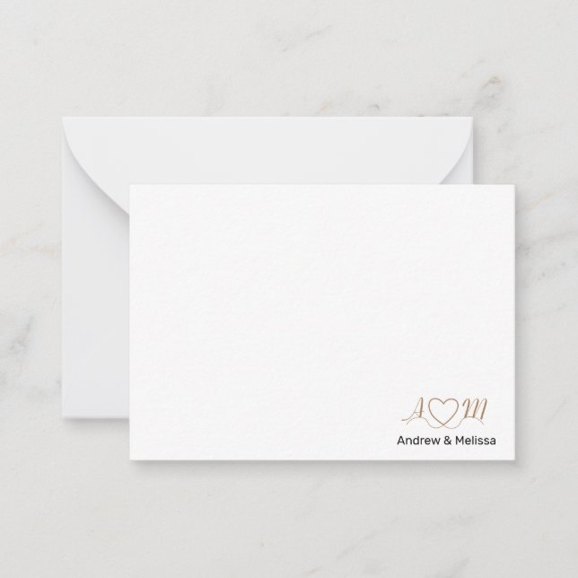 Cartão De Notas Casais Elegantes Script Monograma Coração Dourado  (Frente)