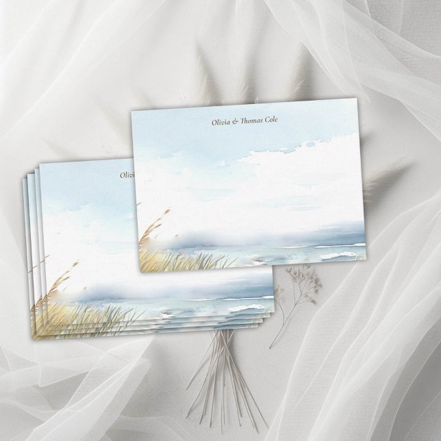 Cartão De Notas Casal de Casamento de Greve de Grama de Cerca de P (wild beach wedding couple note card dreamy watercolor ocean fence grass nature formal modern classic)