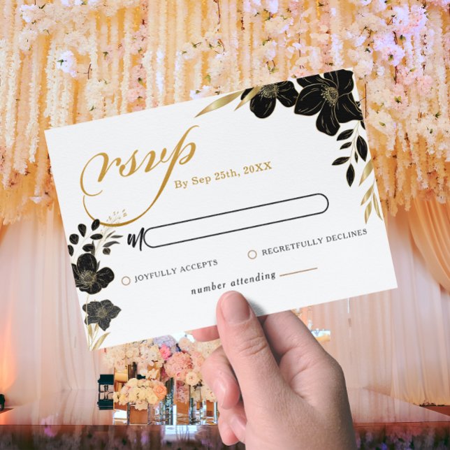 Cartão De Notas Casamento Branco Dourado Floral Elegante Preto Mod (Modern Black Gold Floral Elegant White Wedding Note Card)