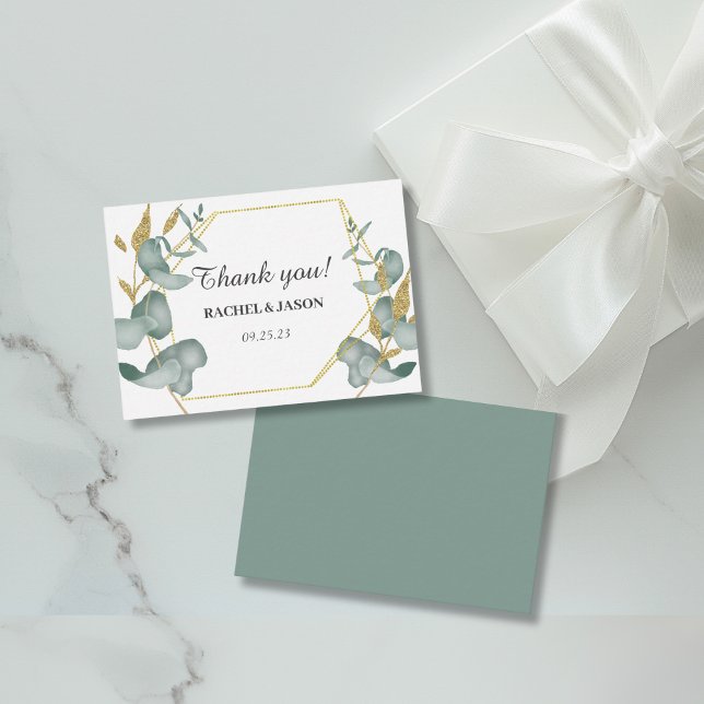 Cartão De Notas Casamento com Folhagem de Glitter Dourado Eucalypt (Modern Greenery Eucalyptus and Gold Glitter Wedding Thank you Card)