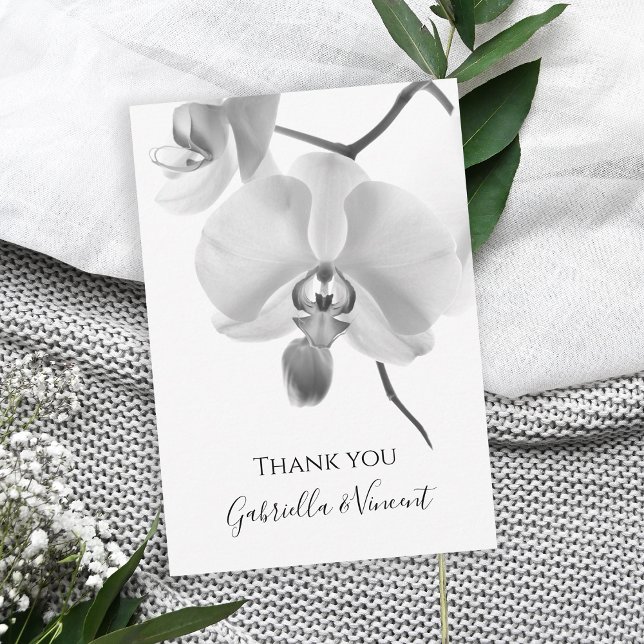 Cartão De Notas Casamento com Orquídea Negra e Branca Flat Obrigad (Show your appreciate with this elegant floral thank you note card.)