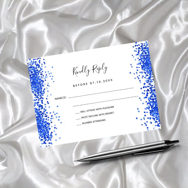 Cartão De Notas Casamento de confete branco azul-real RSVP (Criador carregado)