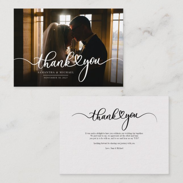 Cartão De Notas Casamento de Foto de Script Elegante Obrigado (Frente/Verso)
