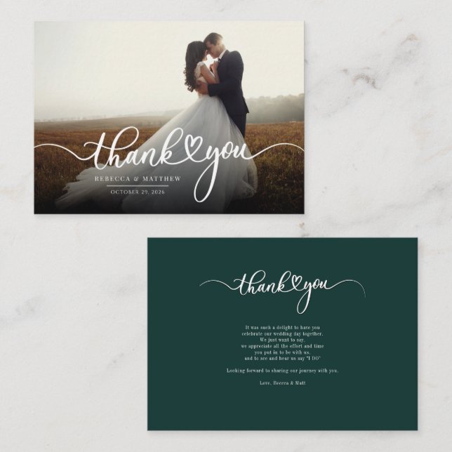 Cartão De Notas Casamento de Fotos Manuscrito Elegante Obrigado (Frente/Verso)