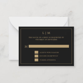 Cartão De Notas Casamento Elegante com Monograma Preto e Dourado S
