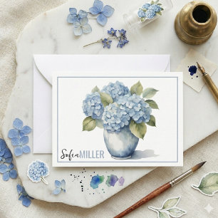 Cartão De Notas Casamento Elegante Minimalista com Hortênsias Azui