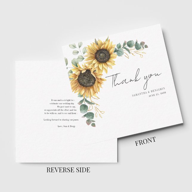 Cartão De Notas Casamento Floral De Girassol Eucalyptus Obrigado (Floral Sunflower Eucalyptus Wedding Thank You Note Card)