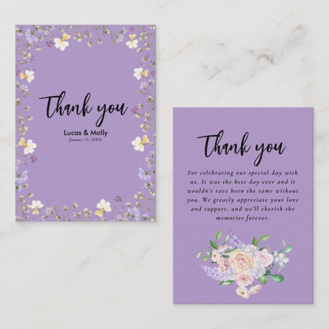 Cartão De Notas Casamento Floral Purple Wildflower Obrigado (Frente/Verso)