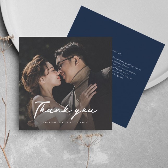 Cartão De Notas Casamento Obrigado Personalizado De Foto Elegante (Wedding Thank You Photo Script Square Navy Blue Mini Card)