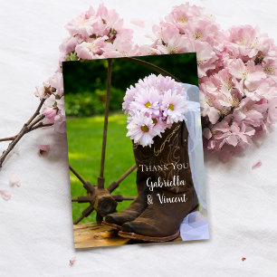 Cartão De Notas Casamento Rustic Pink Daisies Cowboy Boots Obrigad