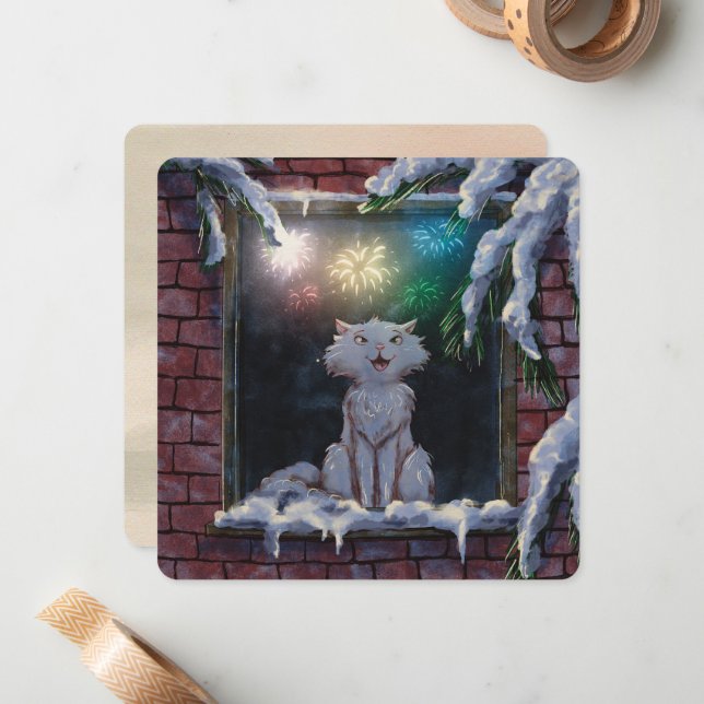Cartão De Notas Cat and fireworks - card - by Monika Marzec (Frente/Verso In Situ)