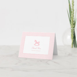 Cartão De Notas Cavalo de balanço Rosa Gingham Dobrado Obrigado