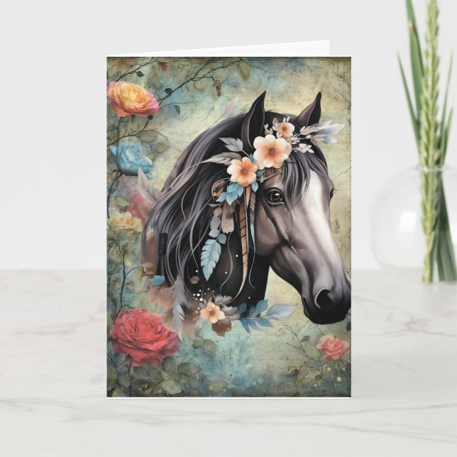 Cartão De Notas Cavalo marrom em flores. (Frente)