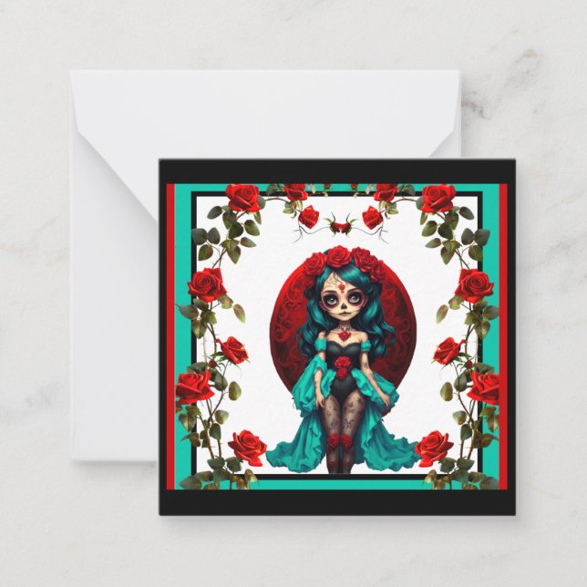 Cartão De Notas Caveiras de Açúcar com Rosas Azuis e Vermelhas (Frente)