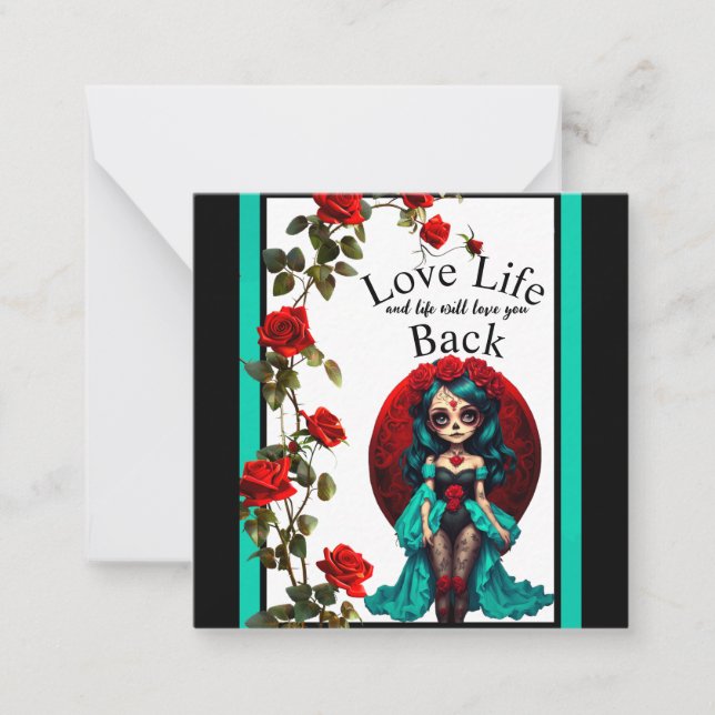 Cartão De Notas Caveiras de Açúcar com Rosas Azuis-esverdeadas e V (Frente)