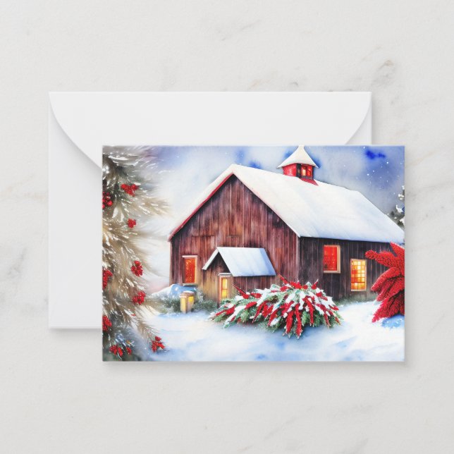 Cartão De Notas Celebração mini de Natal com celeiro e neve (Frente)