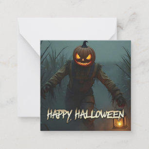 Cartão De Notas Cena Assustadora de Halloween com Cabeça de Abóbor