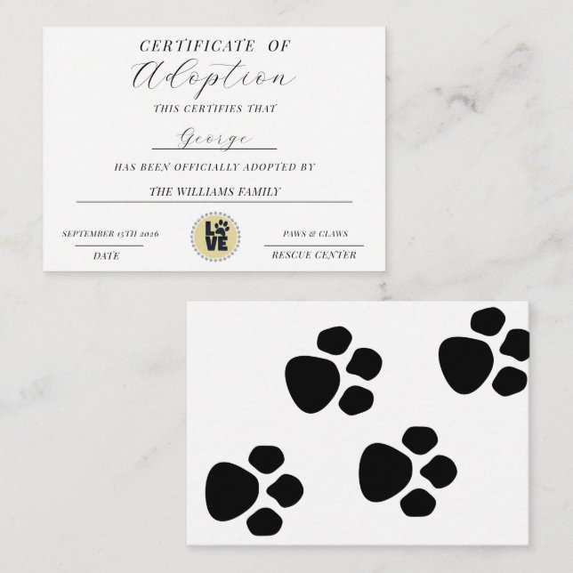 Cartão De Notas Certificado De Adoção (Frente/Verso)