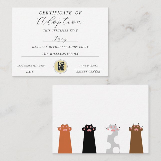Cartão De Notas Certificado De Adoção (Frente/Verso)
