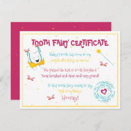 Cartão De Notas Certificado de Fada de Dente de Corte Cor Rosa Pop