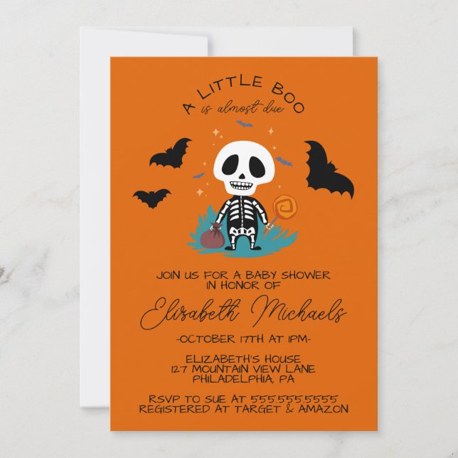 Cartão De Notas CHÁ DE BEBÊ | Halloween Lil' Boo Skeleton (Frente)
