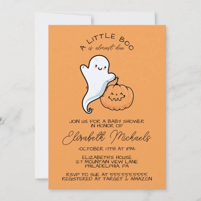 Cartão De Notas CHÁ DE BEBÊ | Halloween Lil'Boo Ghost & Pumpkin (Frente)
