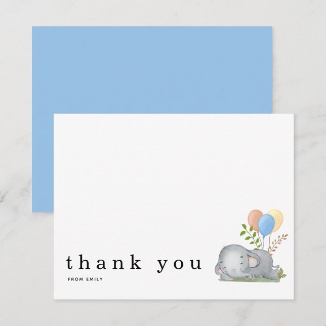 Cartão De Notas Chá de fraldas Obrigado Nome Elefante Azul (Frente/Verso)