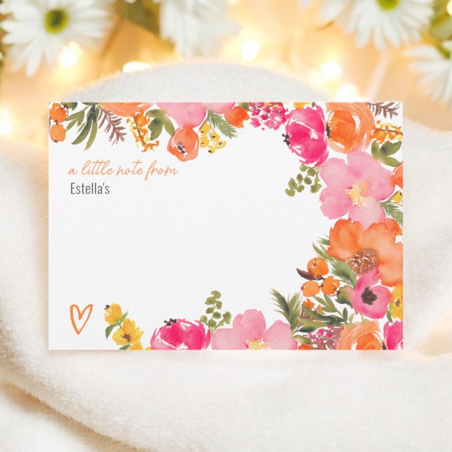 Cartão De Notas Chá de panela de guião das flores laranja-negras (Bold Orange flowers script bridal shower Note Card)