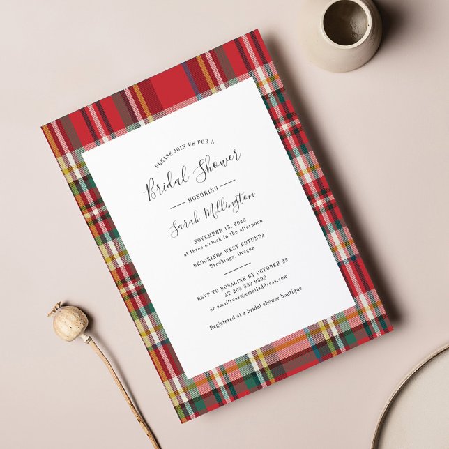 Cartão De Notas Chá de panela de Xadrez de orçamento (Rustic Plaid Script Bridal Shower Invitation)